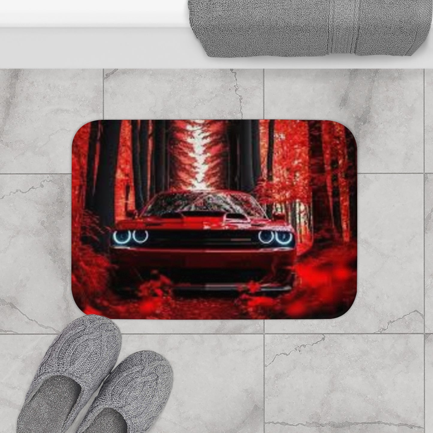 Red Forest Car Bath Mat - Cozy Automotive Decor for Car Enthusiasts