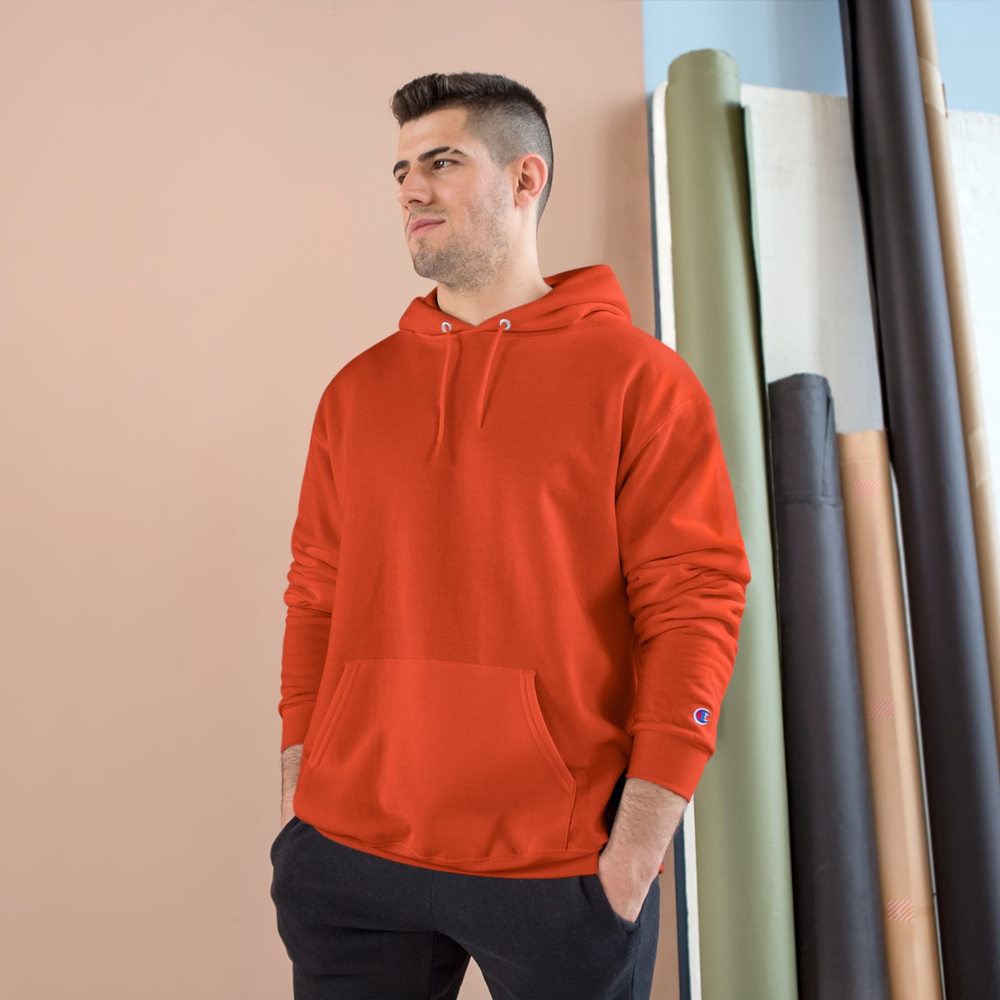 Cosmic Car Champion Hoodie - Vibrant Orange Graphic Sweatshirt