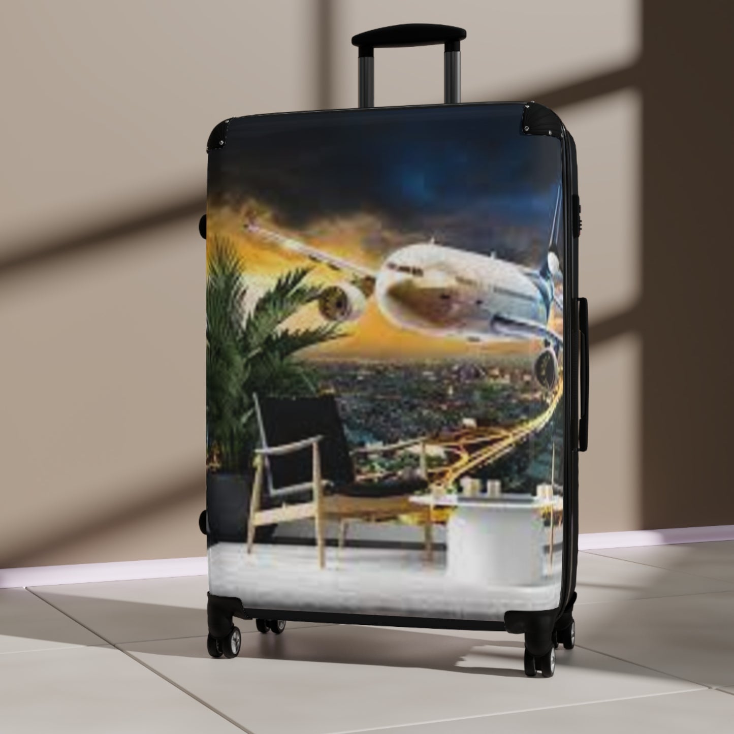 Stylish Travel Suitcase with Airplane and Tropical Design