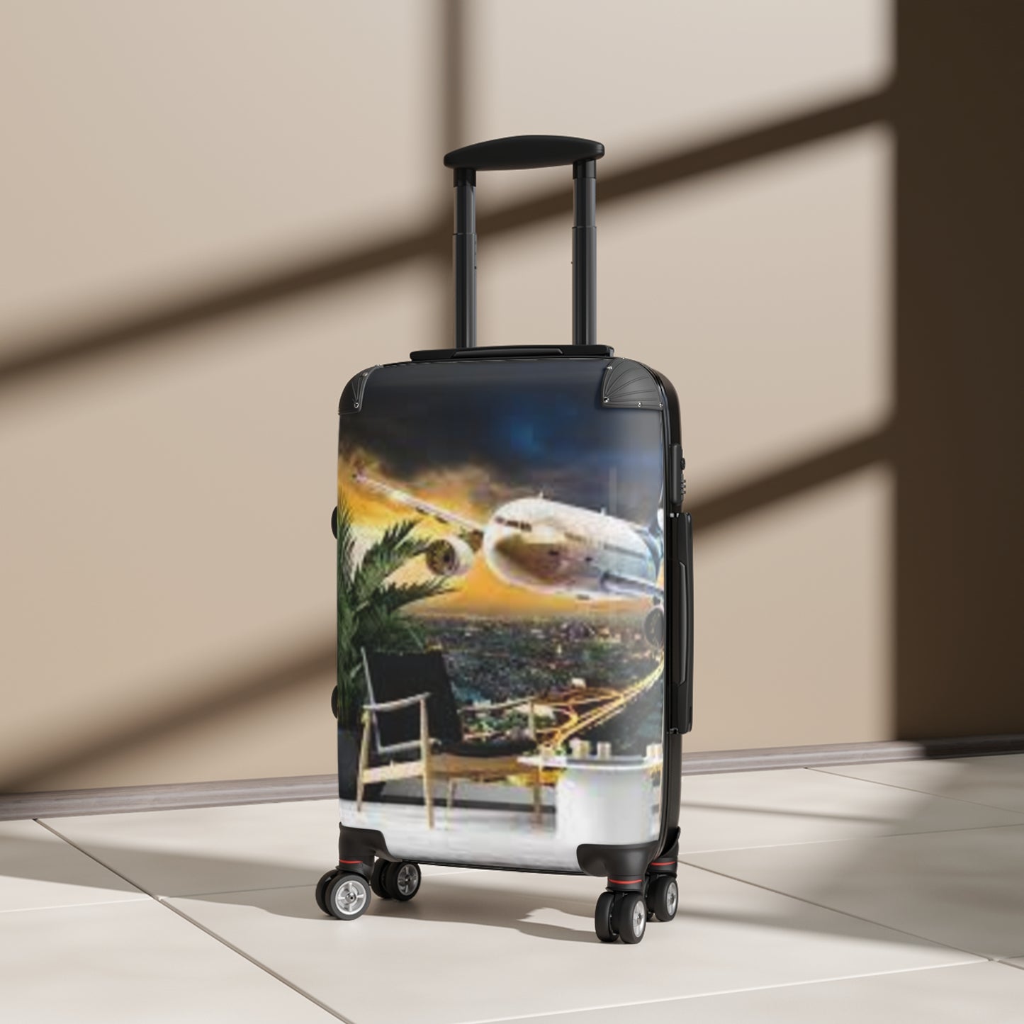 Stylish Travel Suitcase with Airplane and Tropical Design
